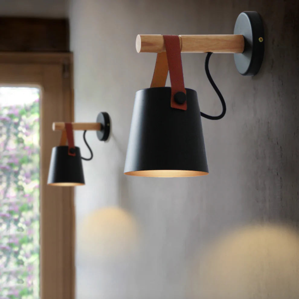 WoodStrap LED Wall Sconce | Black & White, Wood Arm | Qonforta