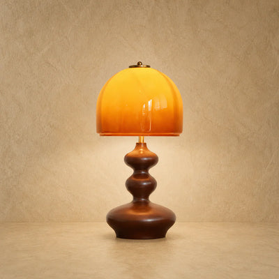 Amber Glass Dome Table Lamp with Walnut Finish Wood Base, Mid Century