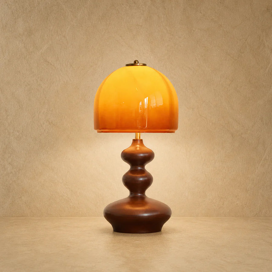 Amber Glass Dome Table Lamp with Walnut Finish Wood Base, Mid Century