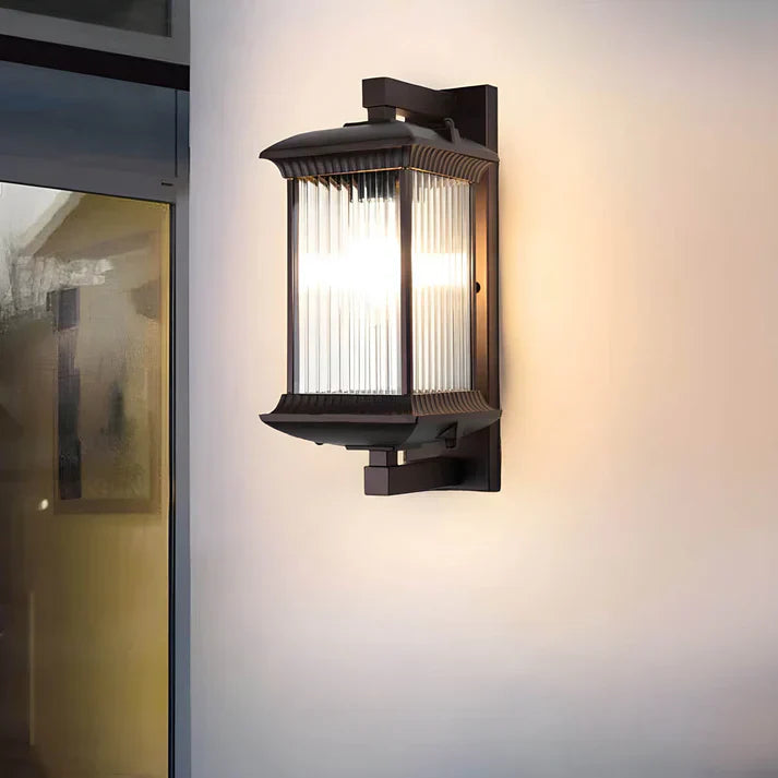 Coffee Brown Outdoor Lantern Wall Light | Fluted Glass Wall Sconce | Qonforta
