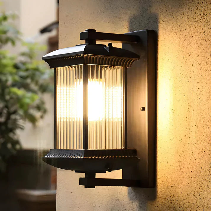 Coffee Brown Outdoor Lantern Wall Light | Fluted Glass Wall Sconce | Qonforta