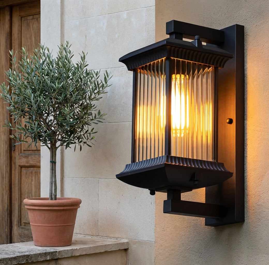 Coffee Brown Outdoor Lantern Wall Light | Fluted Glass Wall Sconce | Qonforta