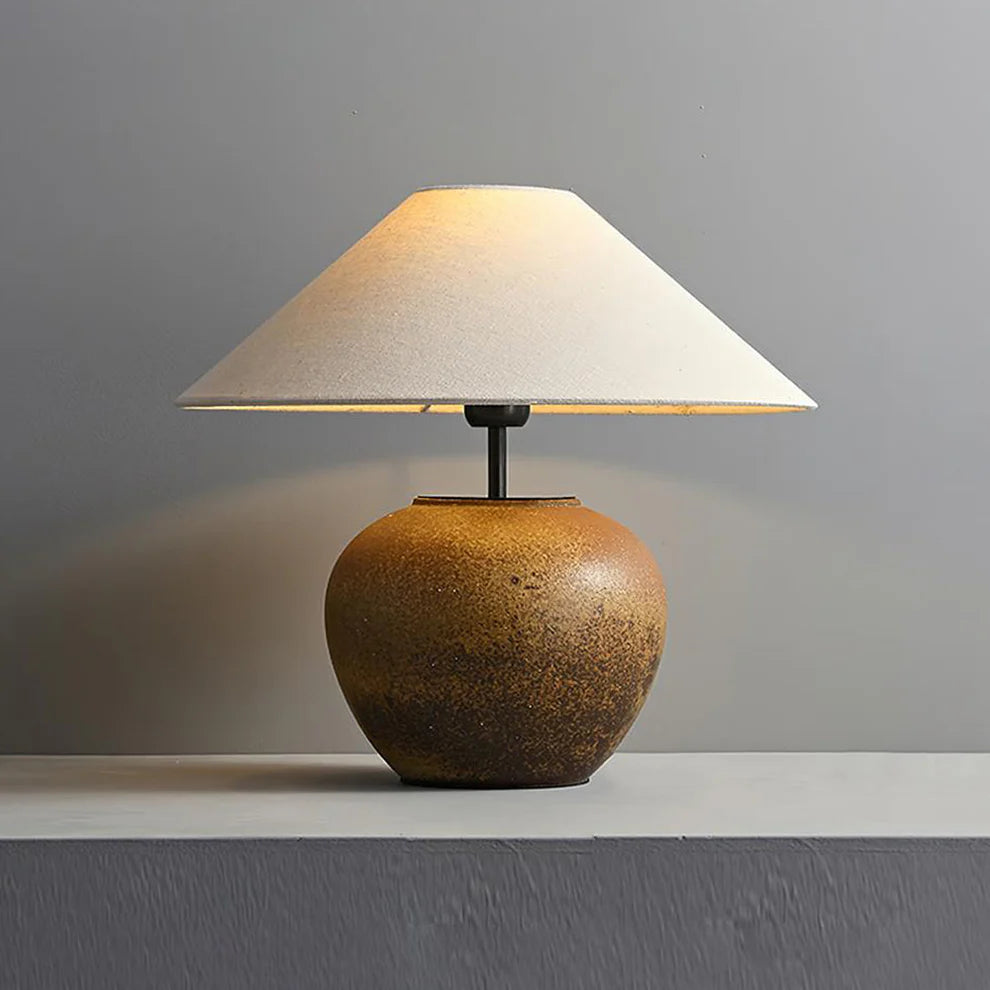 Vintage Ceramic Table Lamp Brown Beige Fabric Shade | Qonforta