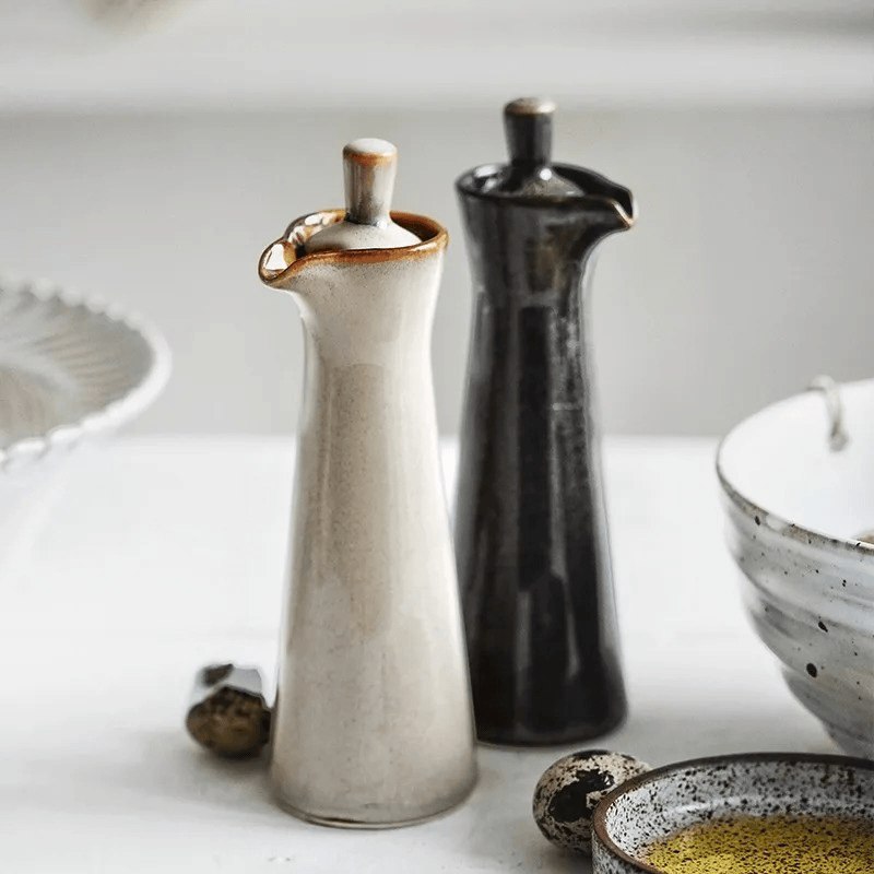 Ceramic Run Glaze Oil & Vinegar Dispenser | Stoneware Pour Bottle | Qonforta