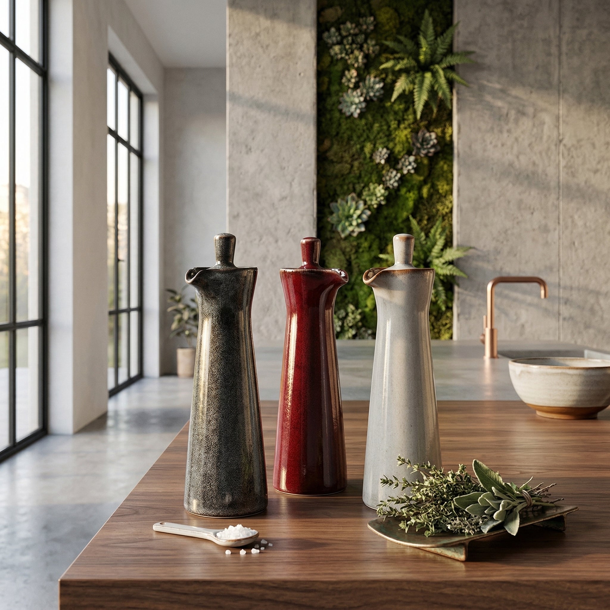 Ceramic Run Glaze Oil & Vinegar Dispenser | Stoneware Pour Bottle | Qonforta