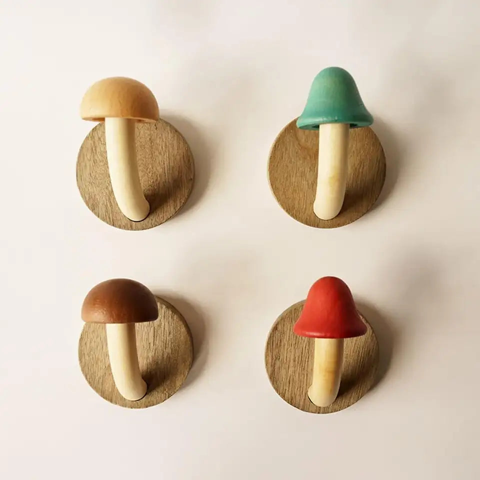 Wood Mushroom Wall Hook Set | Colorful Kids Coat Hooks | Qonforta