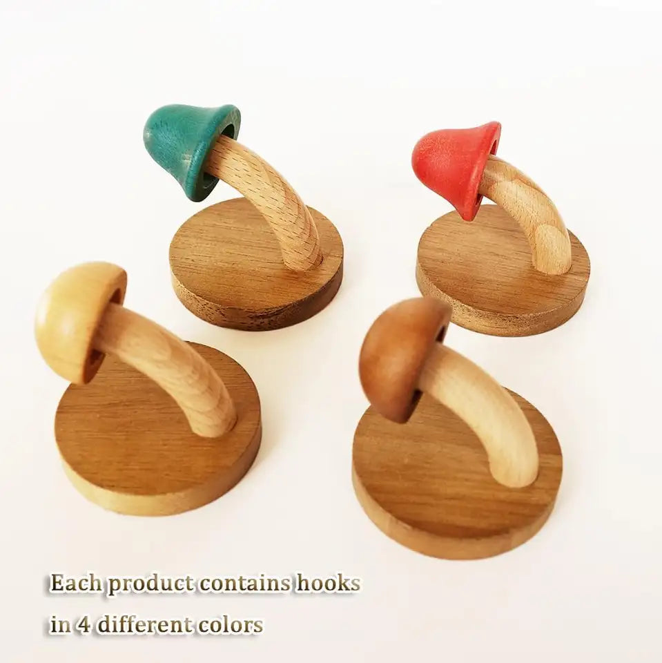 Wood Mushroom Wall Hook Set | Colorful Kids Coat Hooks | Qonforta
