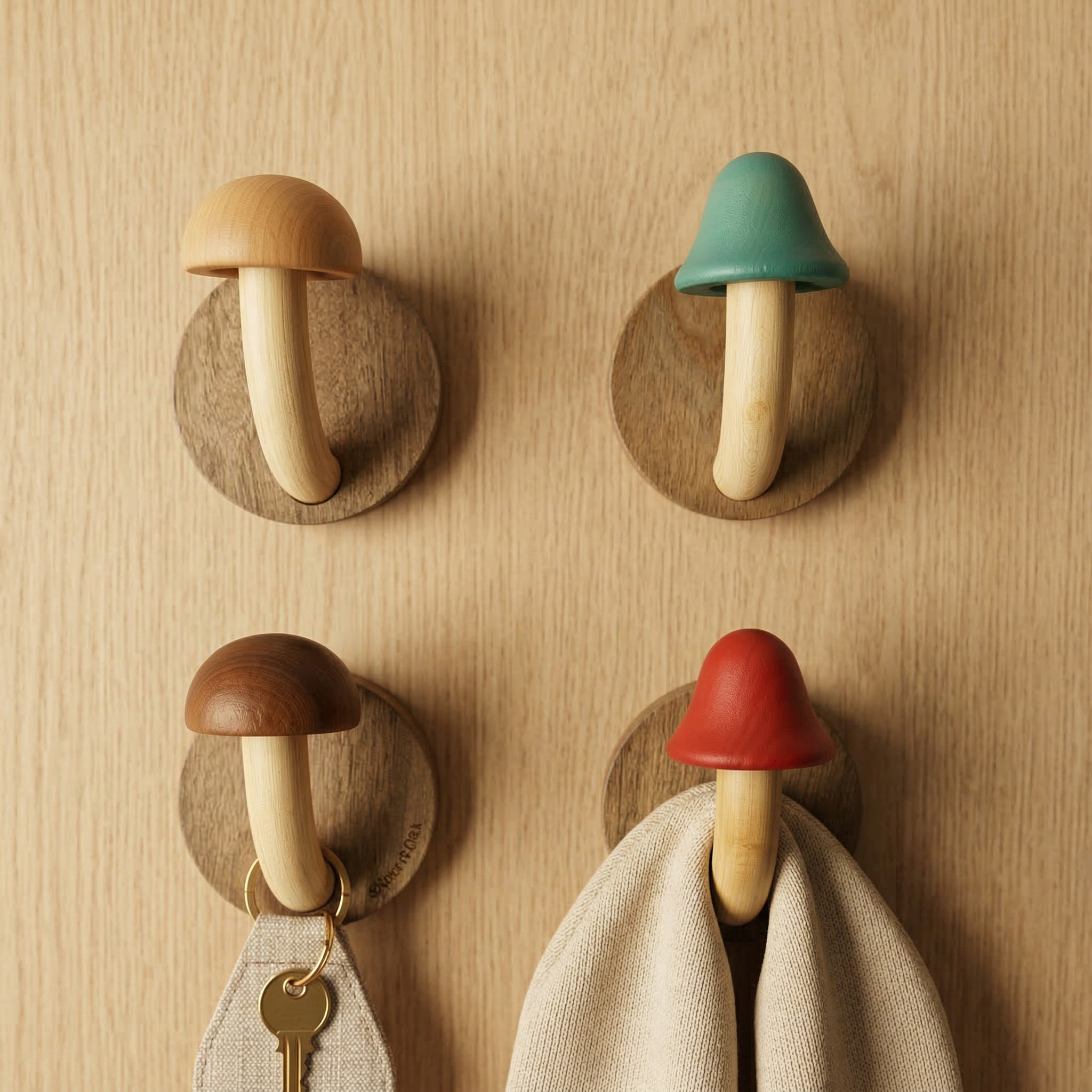 Wood Mushroom Wall Hook Set | Colorful Kids Coat Hooks | Qonforta