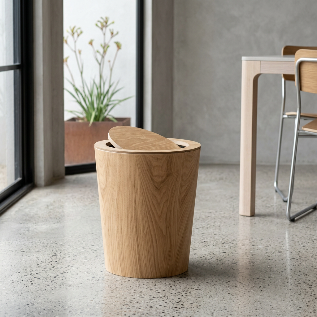 Wood-Grain Rotating Lid Trash Bin | Timber-Style Waste Bin | Qonforta