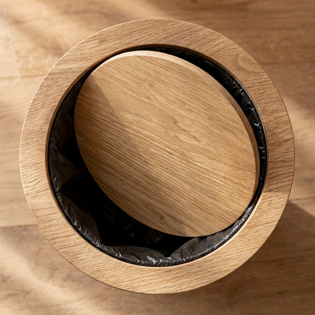 Wood-Grain Rotating Lid Trash Bin | Timber-Style Waste Bin | Qonforta