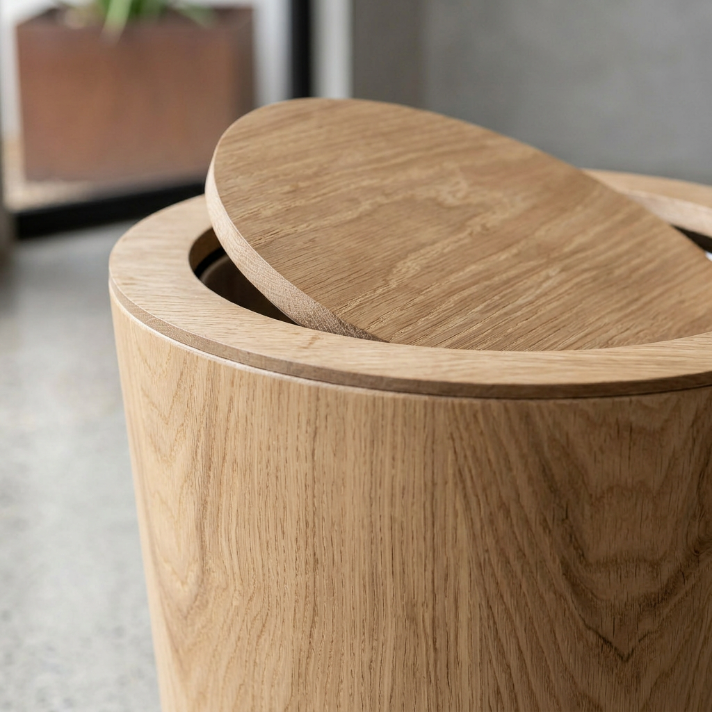 Wood-Grain Rotating Lid Trash Bin | Timber-Style Waste Bin | Qonforta