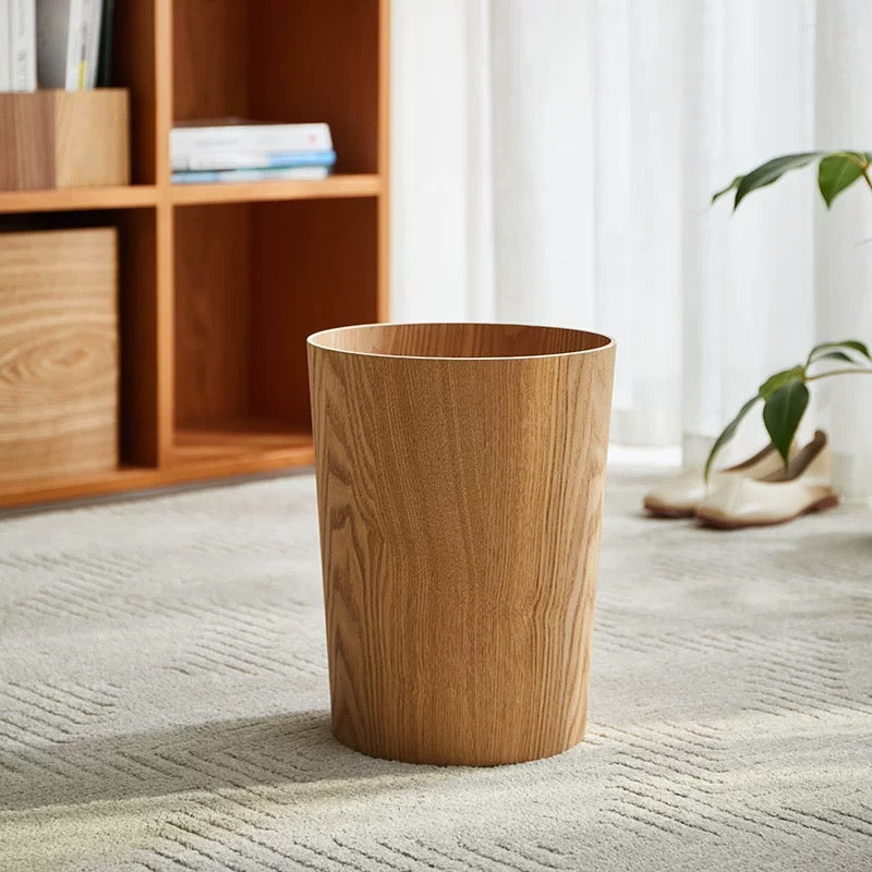 Wood-Grain Rotating Lid Trash Bin | Timber-Style Waste Bin | Qonforta