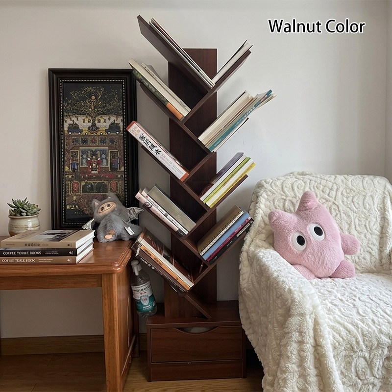 Wood Tree Bookshelf | Freestanding Book Tower with Drawer | Qonforta