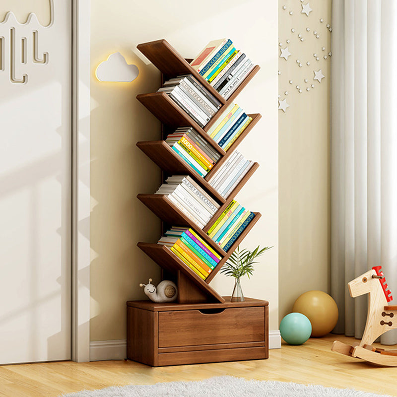 Wood Tree Bookshelf | Freestanding Book Tower with Drawer | Qonforta