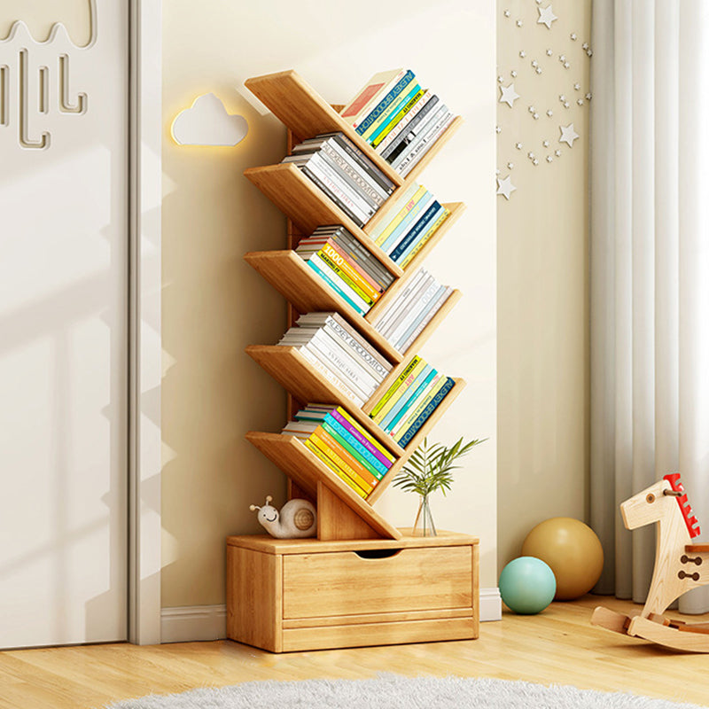 Wood Tree Bookshelf | Freestanding Book Tower with Drawer | Qonforta