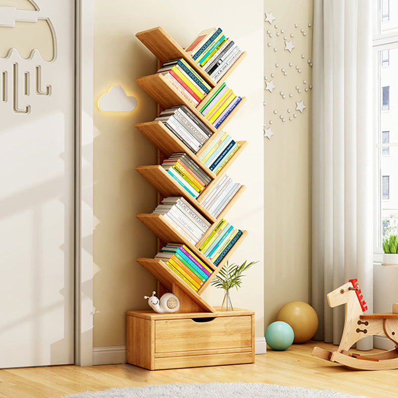 Wood Tree Bookshelf | Freestanding Book Tower with Drawer | Qonforta