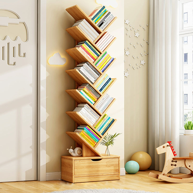 Wood Tree Bookshelf | Freestanding Book Tower with Drawer | Qonforta