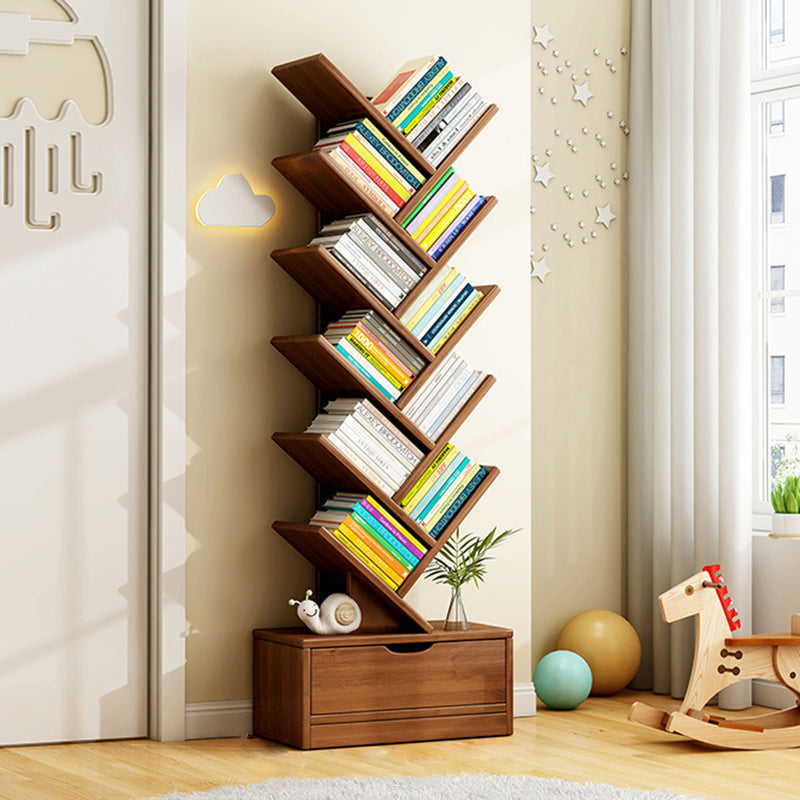 Wood Tree Bookshelf | Freestanding Book Tower with Drawer | Qonforta