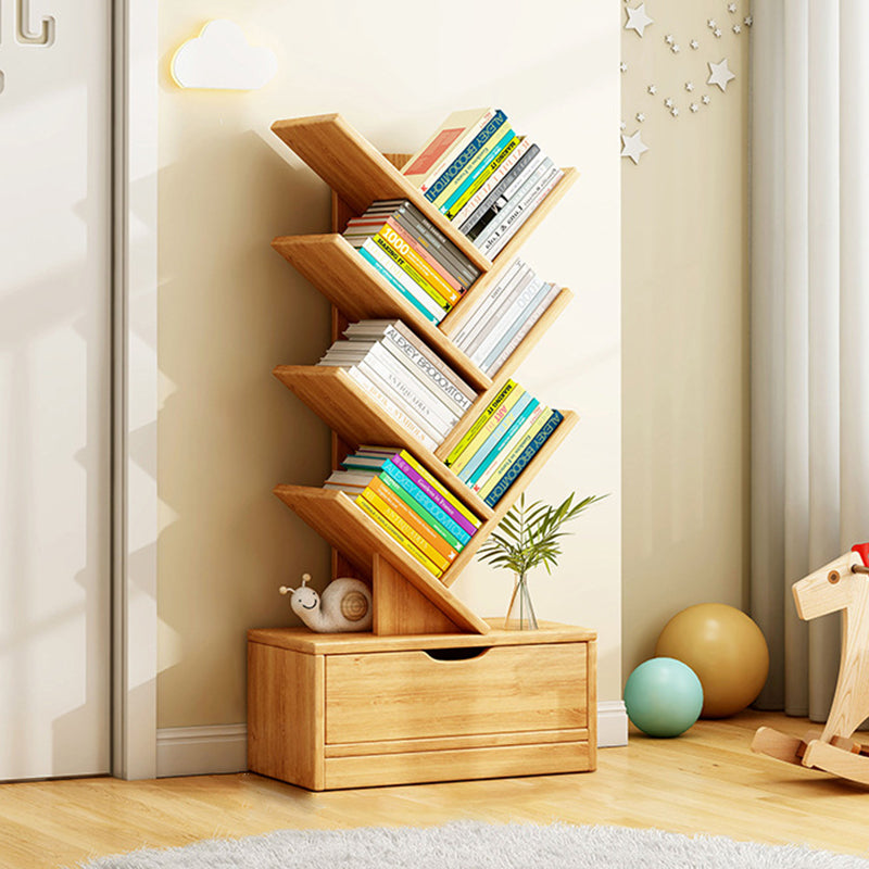 Wood Tree Bookshelf | Freestanding Book Tower with Drawer | Qonforta