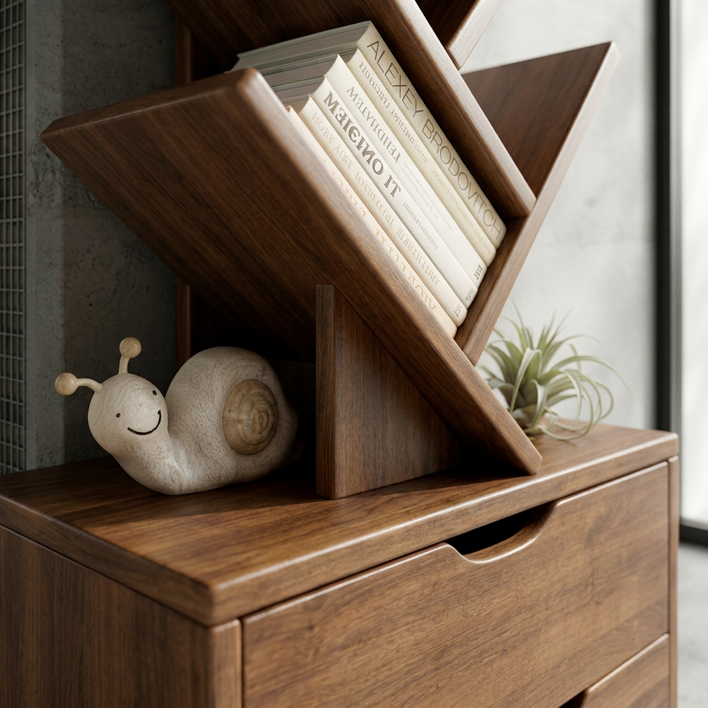 Wood Tree Bookshelf | Freestanding Book Tower with Drawer | Qonforta