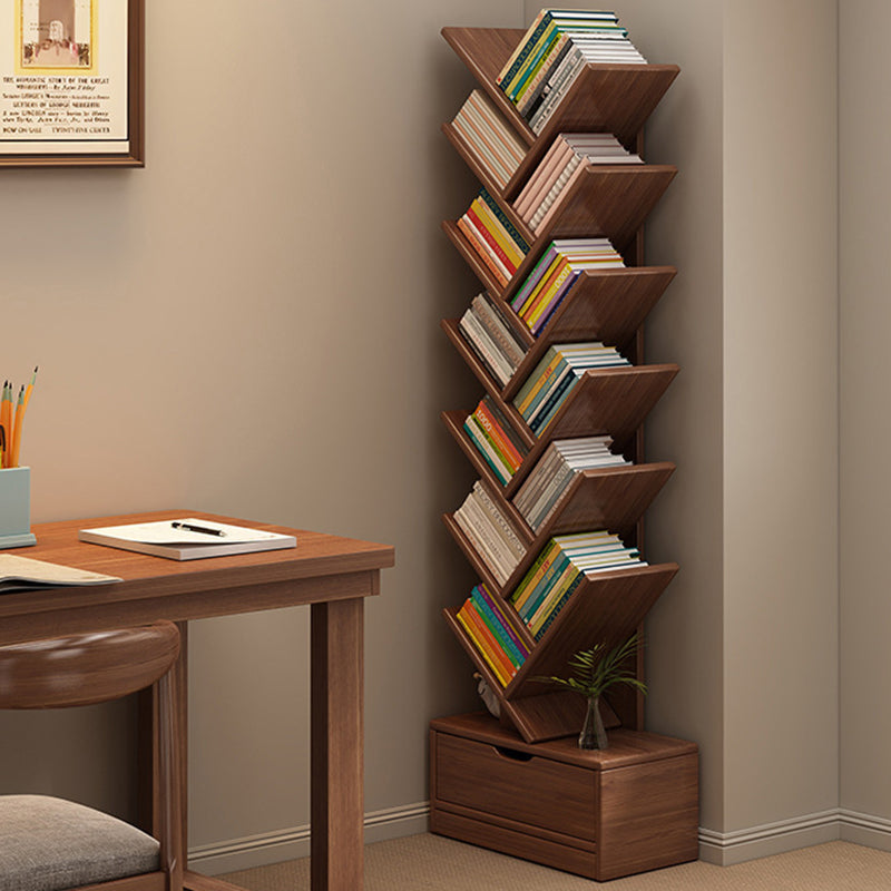 Wood Tree Bookshelf | Freestanding Book Tower with Drawer | Qonforta