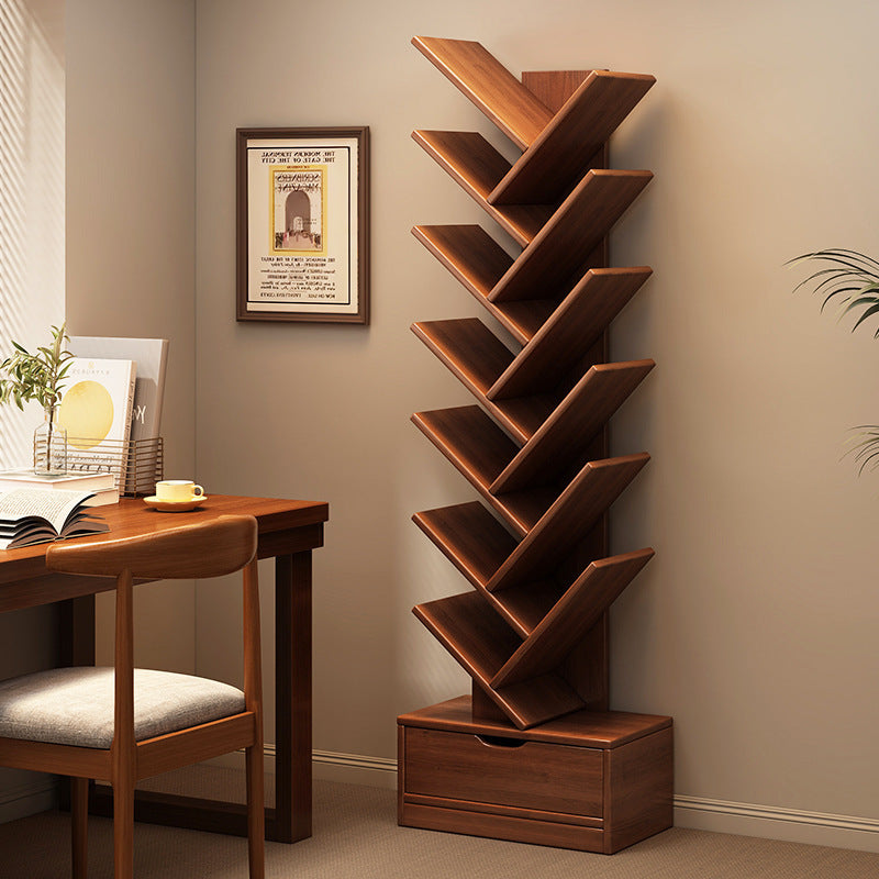 Wood Tree Bookshelf | Freestanding Book Tower with Drawer | Qonforta