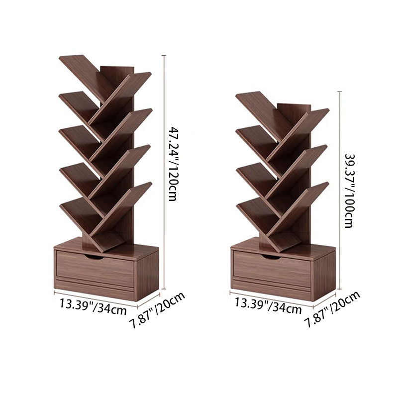 Wood Tree Bookshelf | Freestanding Book Tower with Drawer | Qonforta