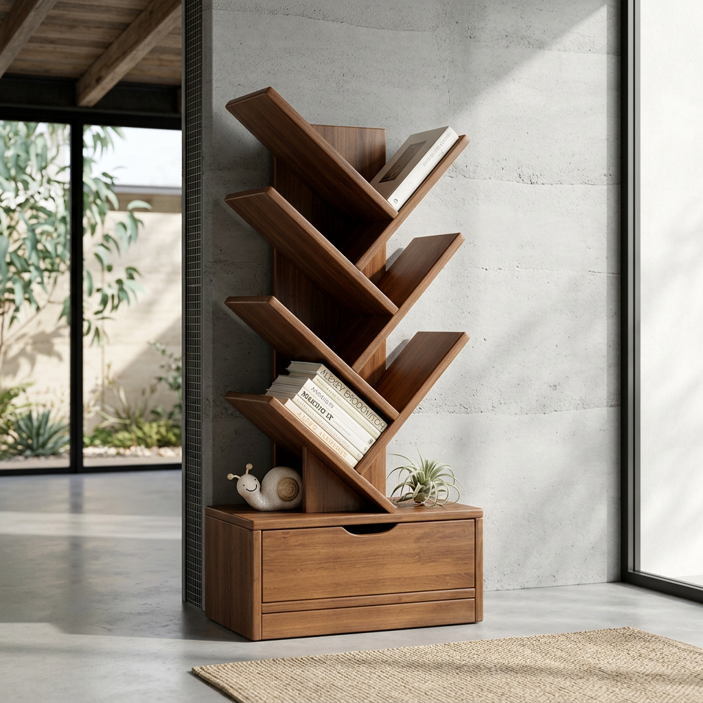 Wood Tree Bookshelf | Freestanding Book Tower with Drawer | Qonforta