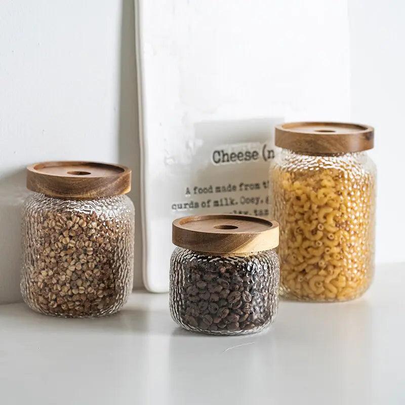 Hammered Glass Airtight Jar | Dark Wood Lid Storage Jar | Qonforta