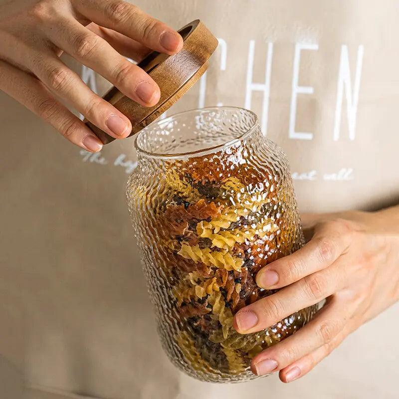 Hammered Glass Airtight Jar | Dark Wood Lid Storage Jar | Qonforta