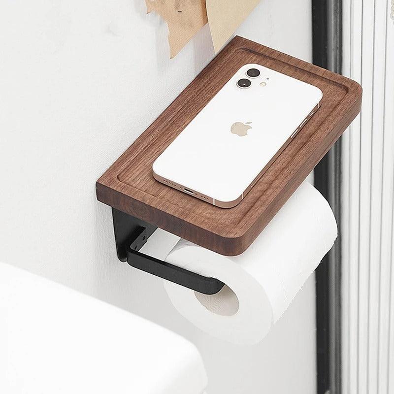 Wall-Mounted Wood Toilet Paper Holder | Walnut Storage Ledge | Qonforta