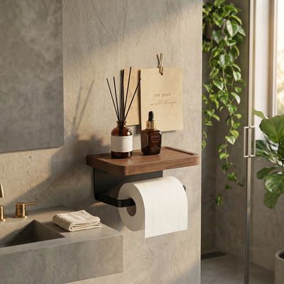 Wall Mounted Wood Toilet Paper Holder with Phone Shelf, Walnut Tone