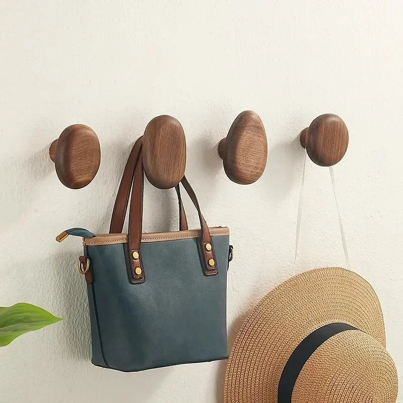 Wood Pebble Wall Hook Set | Organic River-Stone Shaped Hooks | Qonforta