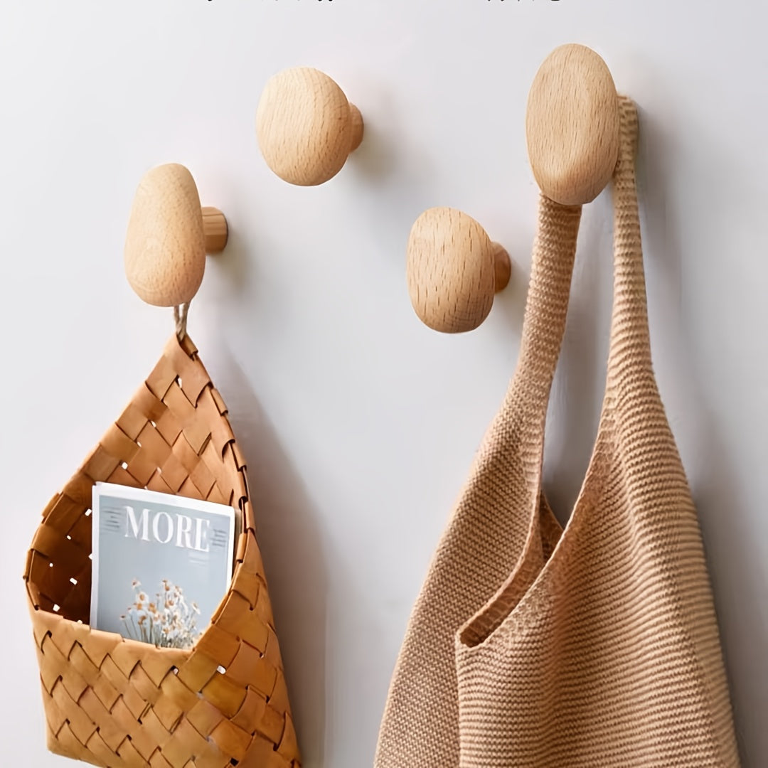 Wood Pebble Wall Hook Set | Organic River-Stone Shaped Hooks | Qonforta