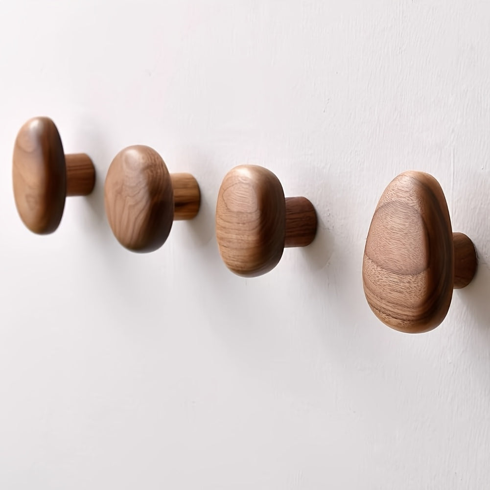Wood Pebble Wall Hook Set | Organic River-Stone Shaped Hooks | Qonforta