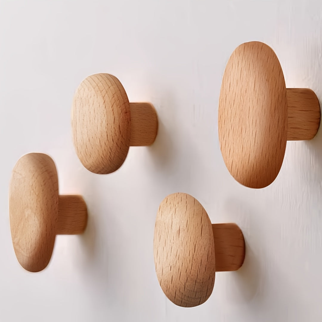Wood Pebble Wall Hook Set | Organic River-Stone Shaped Hooks | Qonforta
