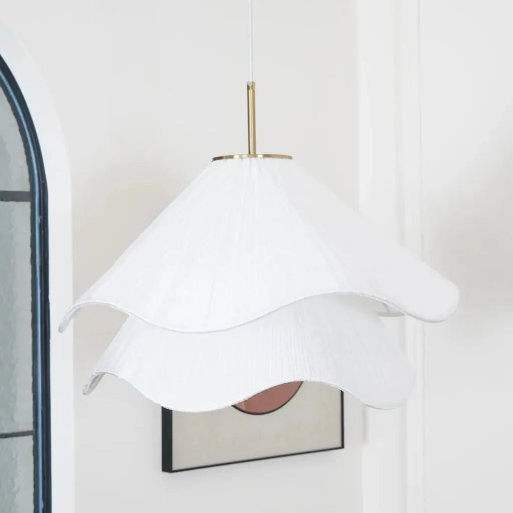 Fabric Pendant Light | Pleated Petal Shade, Brushed Brass | Qonforta