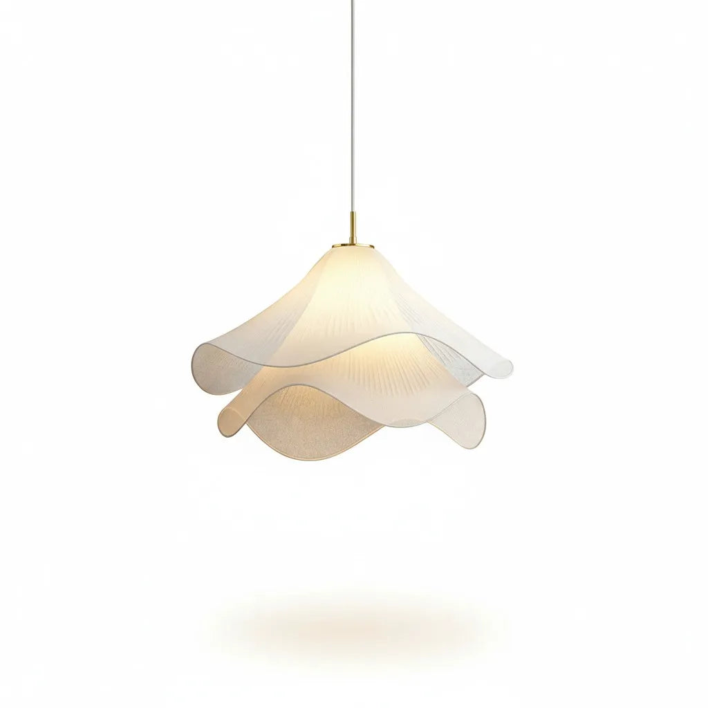 Fabric Pendant Light | Pleated Petal Shade, Brushed Brass | Qonforta
