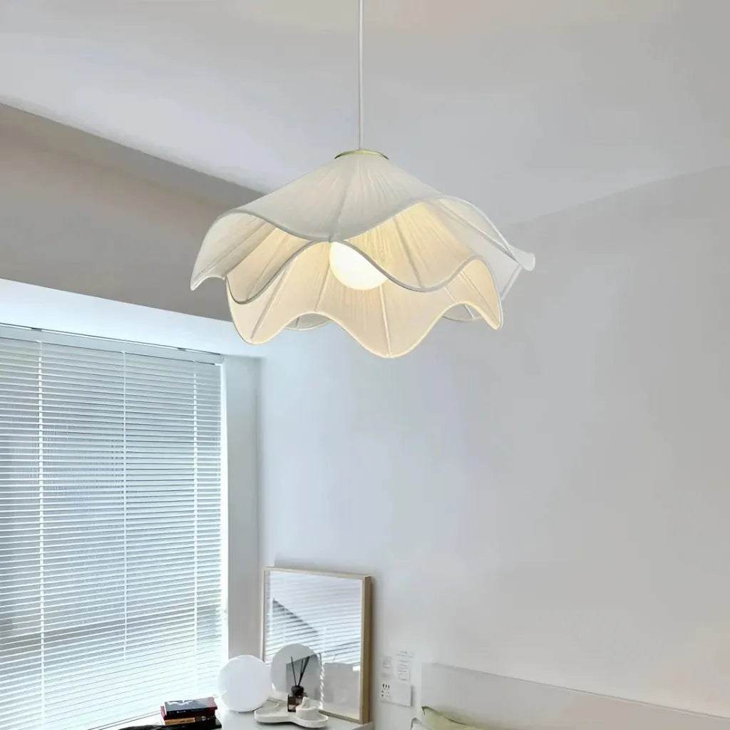 Fabric Pendant Light | Pleated Petal Shade, Brushed Brass | Qonforta