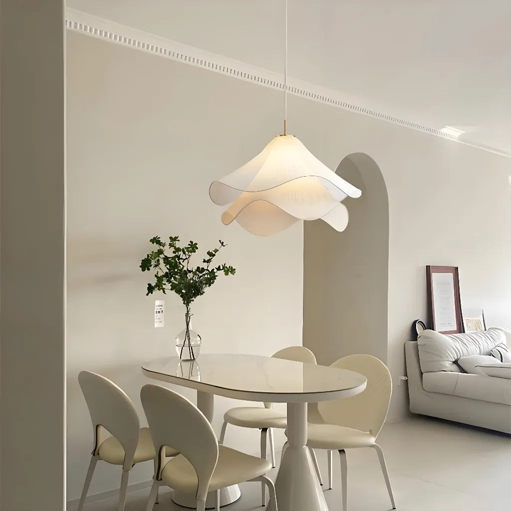 Fabric Pendant Light | Pleated Petal Shade, Brushed Brass | Qonforta