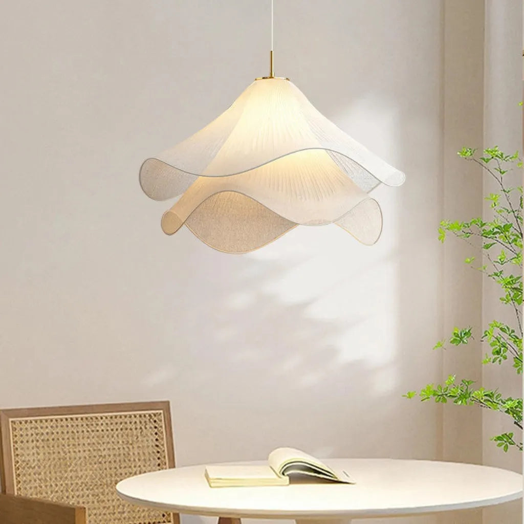 Fabric Pendant Light | Pleated Petal Shade, Brushed Brass | Qonforta