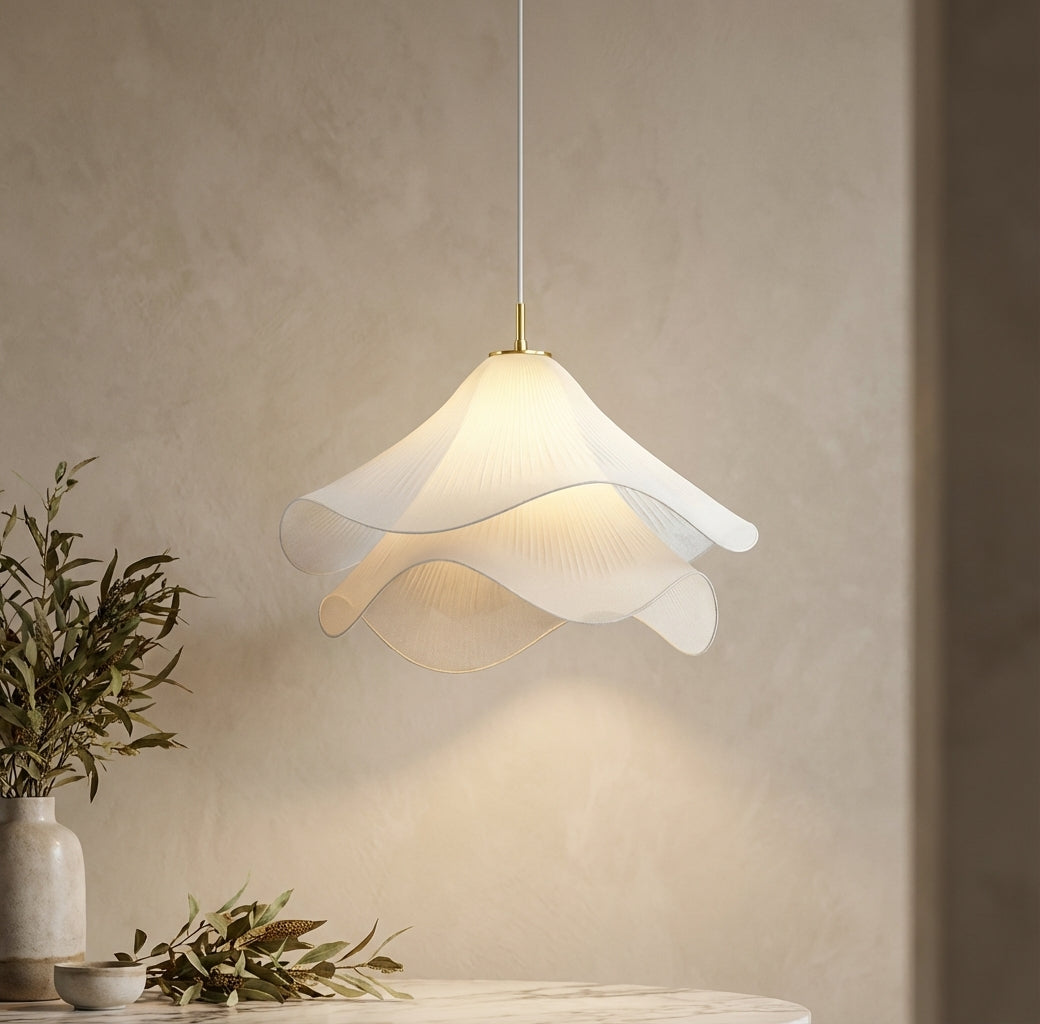 Fabric Pendant Light | Pleated Petal Shade, Brushed Brass | Qonforta