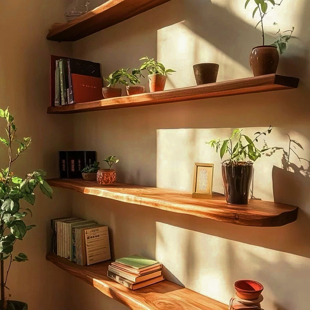 Live Edge Hardwood Floating Shelf | Solid Wood Wall Shelf | Qonforta