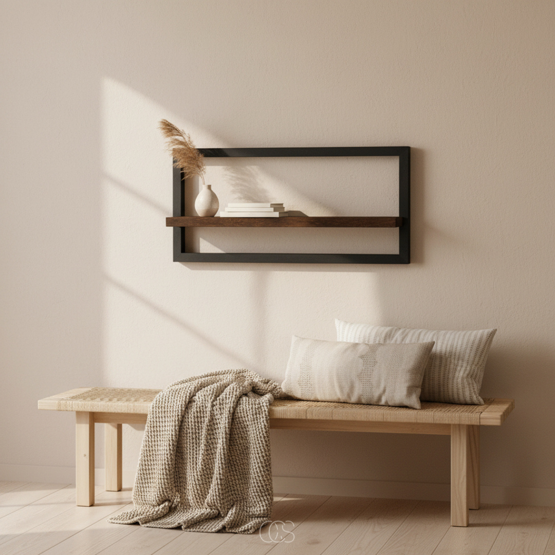 Industrial Wood & Metal Floating Shelf | Matte Black Wall Shelf | Qonforta
