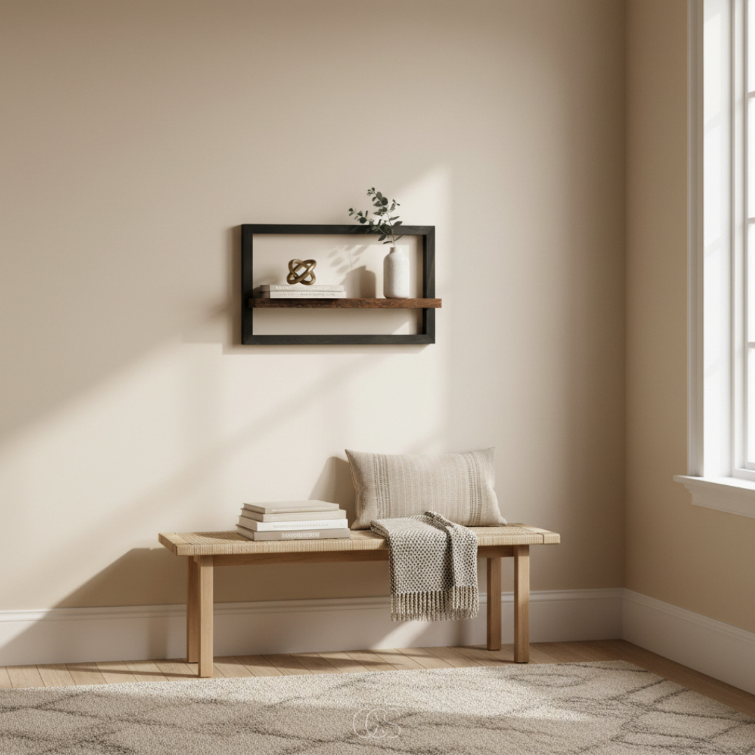 Industrial Wood & Metal Floating Shelf | Matte Black Wall Shelf | Qonforta