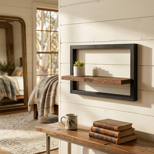 Industrial Wood & Metal Floating Shelf | Matte Black Wall Shelf | Qonforta