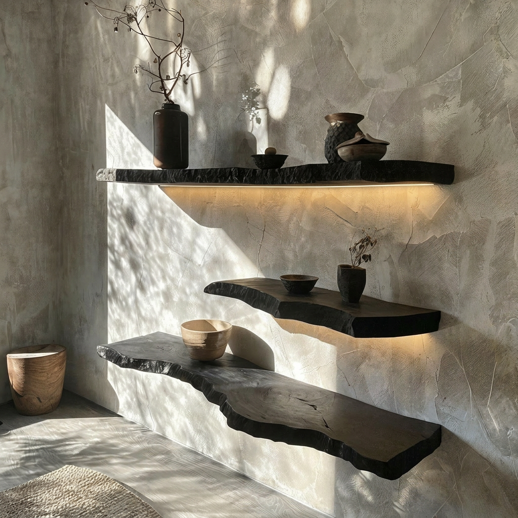 Ebony Live Edge Floating Shelf | Black Solid Wood Wall Shelf | Qonforta