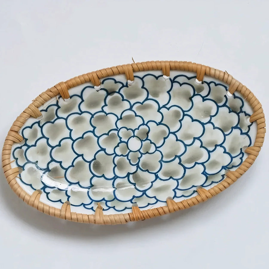 Oval Ceramic Serving Plate with Woven Rim, 5 Patterns | Qonforta, Light Green Flowers