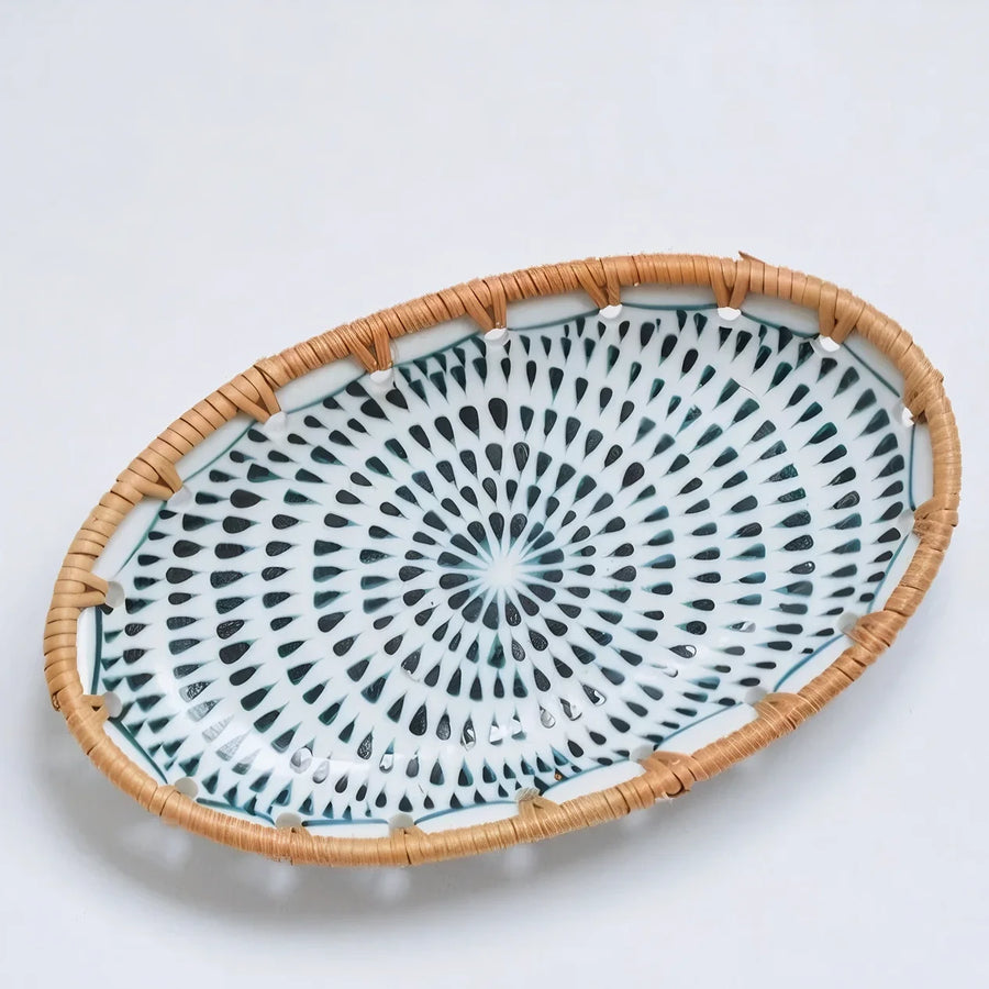 Oval Ceramic Serving Plate with Woven Rim, 5 Patterns | Qonforta, Drops