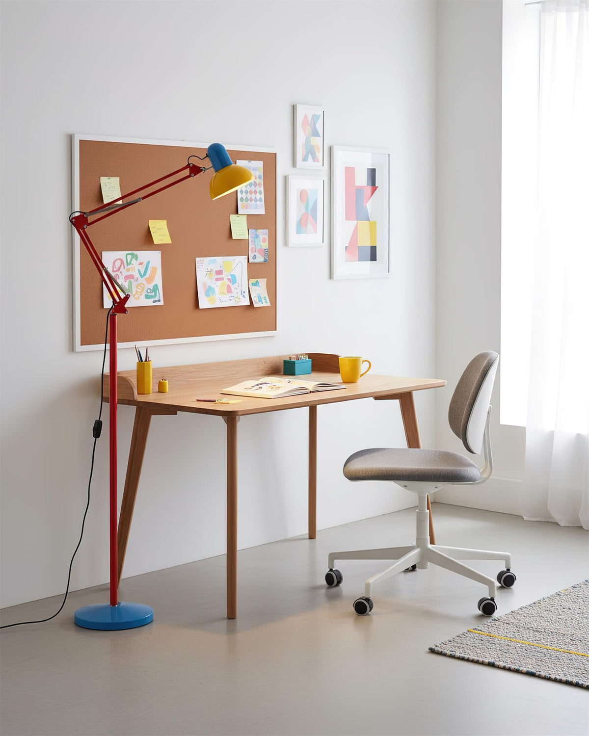 Flexo Memphis floor lamp, blue red yellow - studio front view, warm light